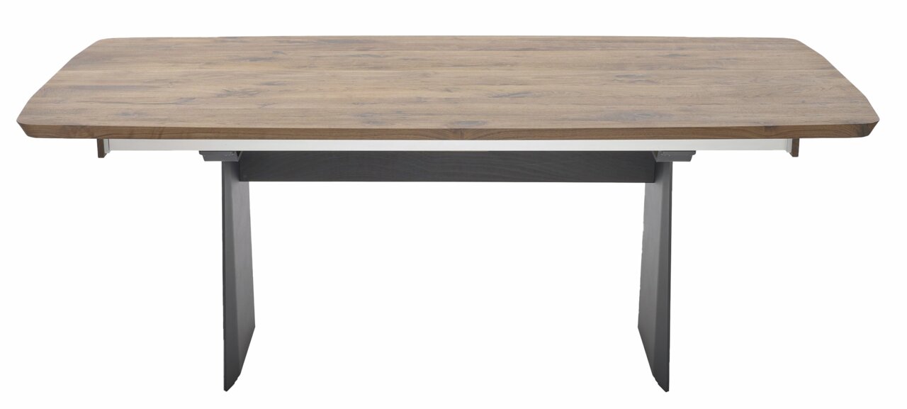 Moderner Esstisch mit Holzplatte und Metallbeinen, Frontalansicht