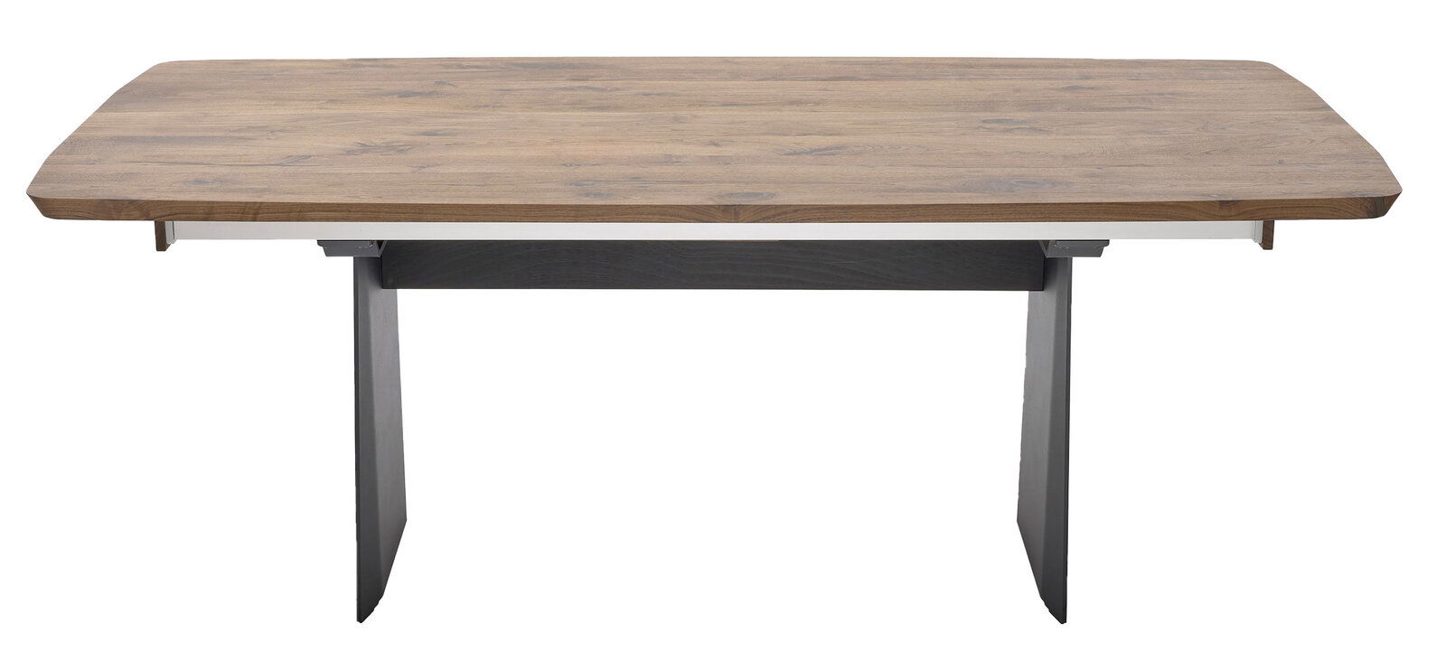 Moderner Esstisch mit Holzplatte und Metallbeinen, Frontalansicht