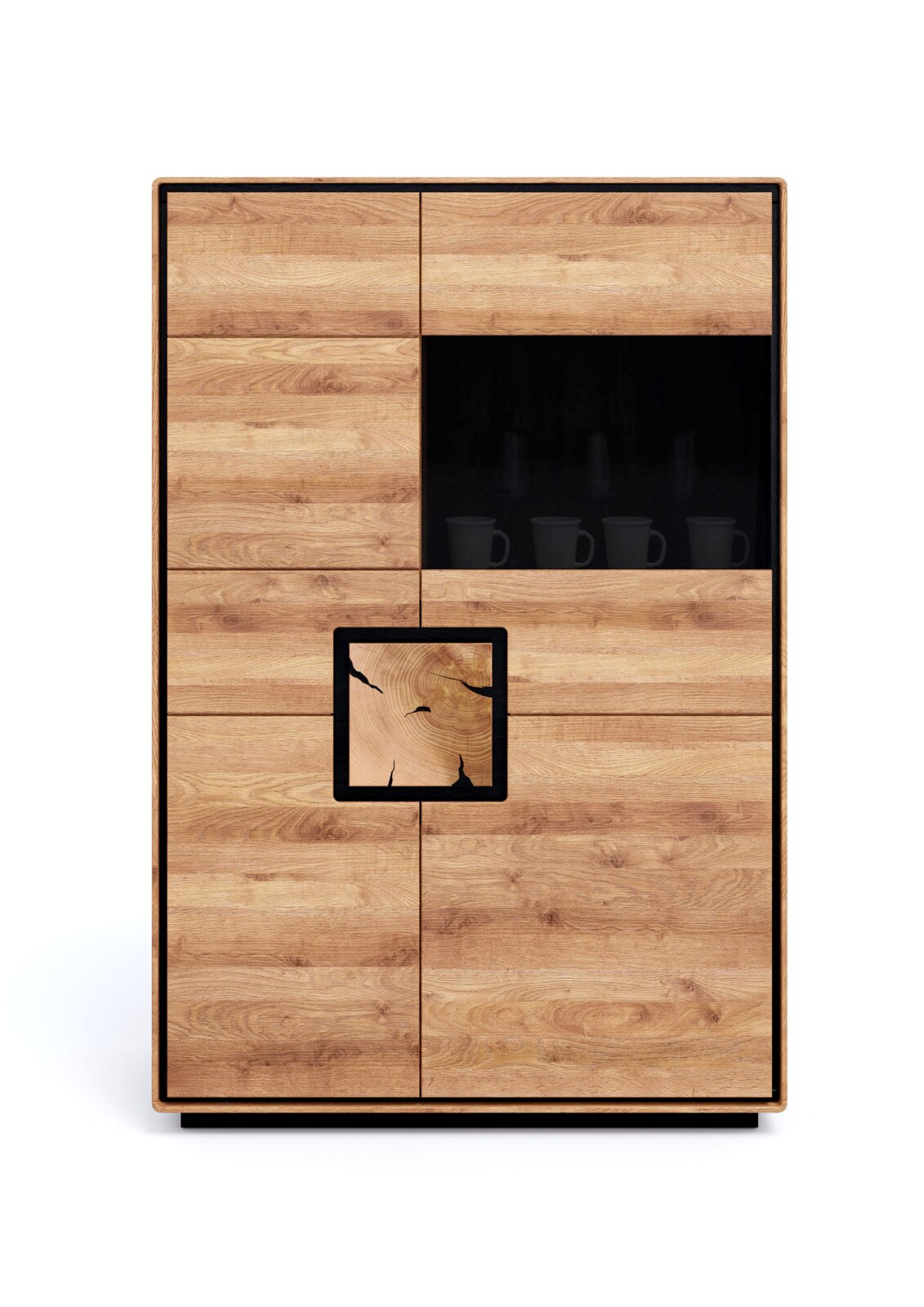 Hoher Holzschrank/Vitrine in Eichenoptik mit schwarzen Akzenten, teilverglaster Front und dekorativem quadratischem Holzeinsatz, frontal von vorne fotografiert.