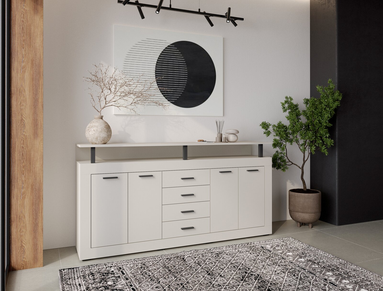 XORA XL-Sideboard MILA Modernes XL-Sideboard in Weiß mit mehreren Schubladen und Türen, dekoriert mit minimalistischen Accessoires, aus der Frontalperspektive fotografiert.