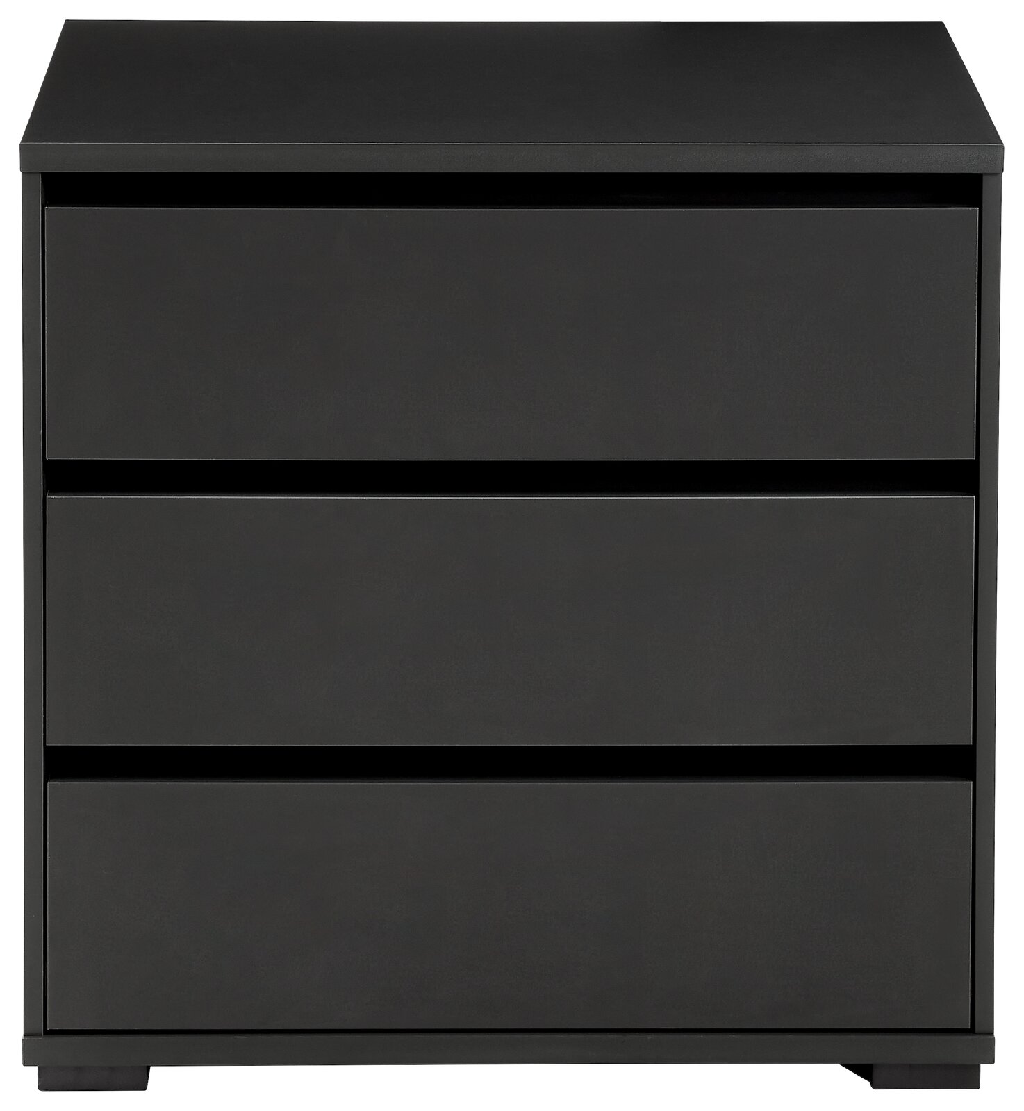 Schwarze Kommode mit drei Schubladen, frontale Ansicht
