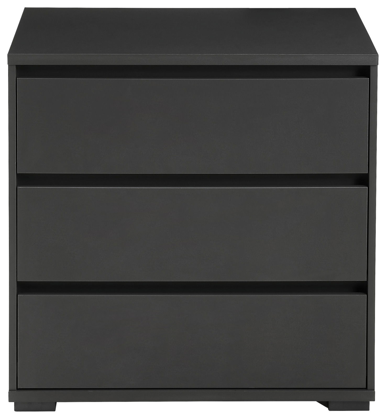 Schwarze Kommode mit drei Schubladen, frontale Ansicht