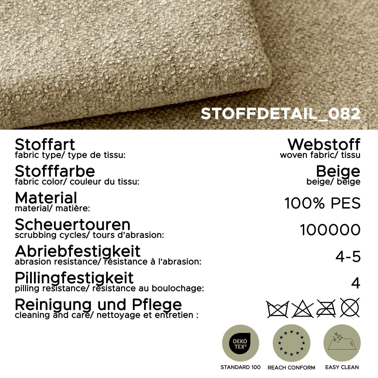 Beiger Webstoff (100% PES) als Stoffdetail, Nahaufnahme/Detailansicht von schräg oben; 100.000 Scheuertouren, Abriebfestigkeit 4–5, Pillingfestigkeit 4, OEKO-TEX Standard 100, REACH-konform, Easy Clean.