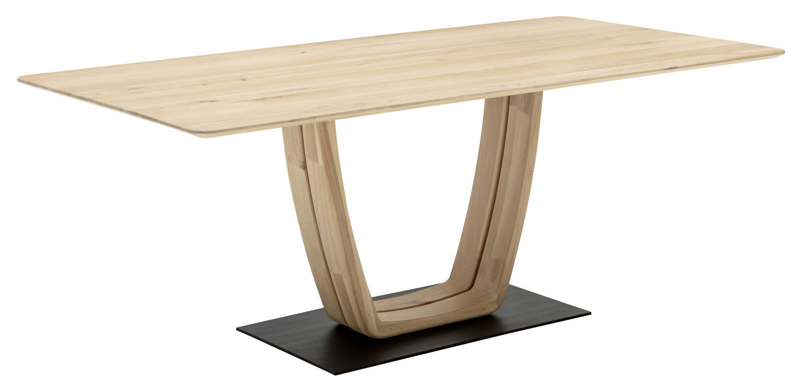 Moderner Esstisch aus hellem Holz mit einzigartigem U-förmigem Gestell, seitliche Perspektive.