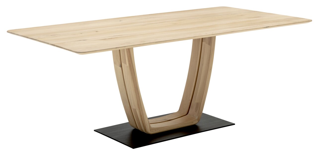 Moderner Esstisch aus hellem Holz mit einzigartigem U-förmigem Gestell, seitliche Perspektive.