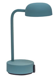 Tischlampe in rauchigem Teal, seitliche Perspektive