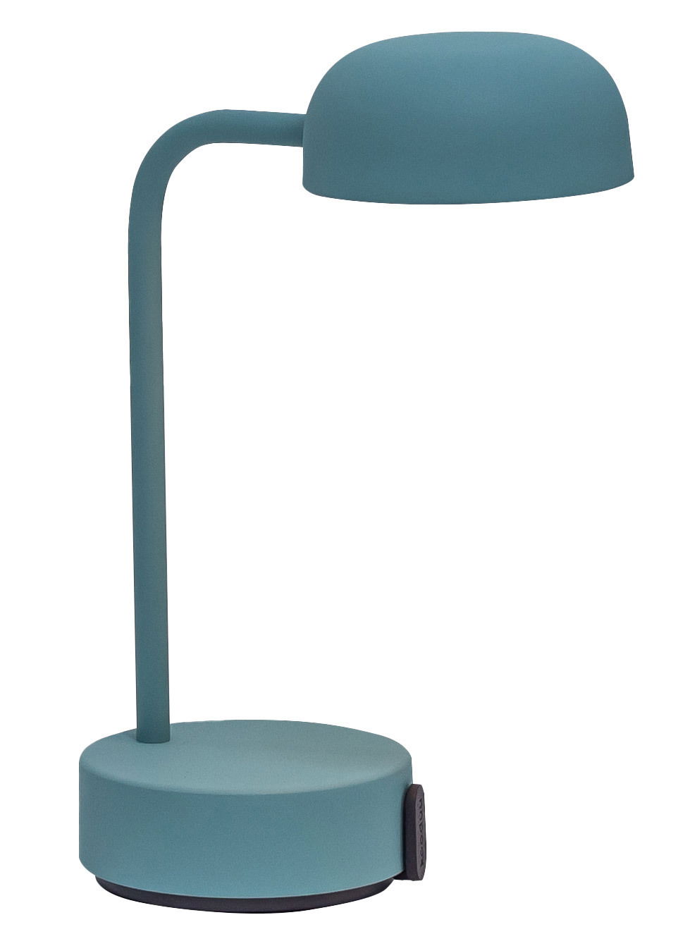 Tischlampe in rauchigem Teal, seitliche Perspektive
