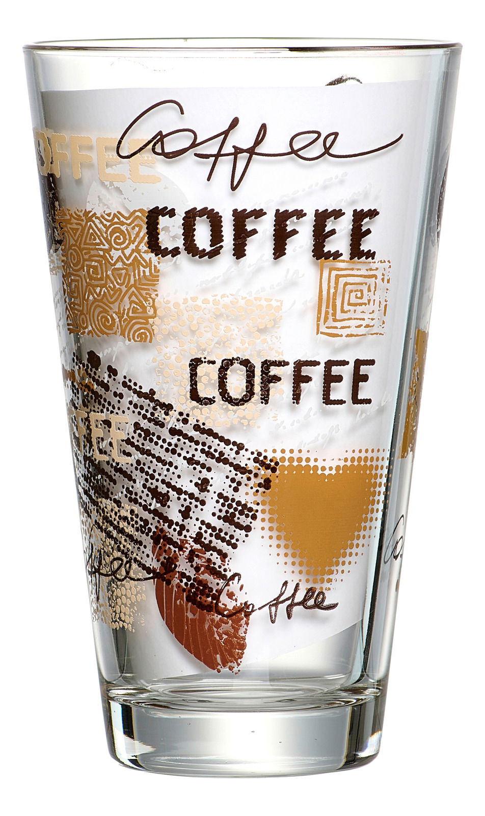 Ein Glas mit dekorativem Kaffee-Design, das von der Seite fotografiert wurde.