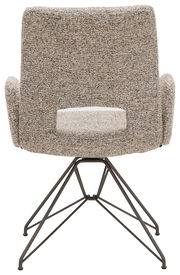 Rückansicht eines Armlehnstuhls mit gepolstertem Stoffbezug und Metallgestell.