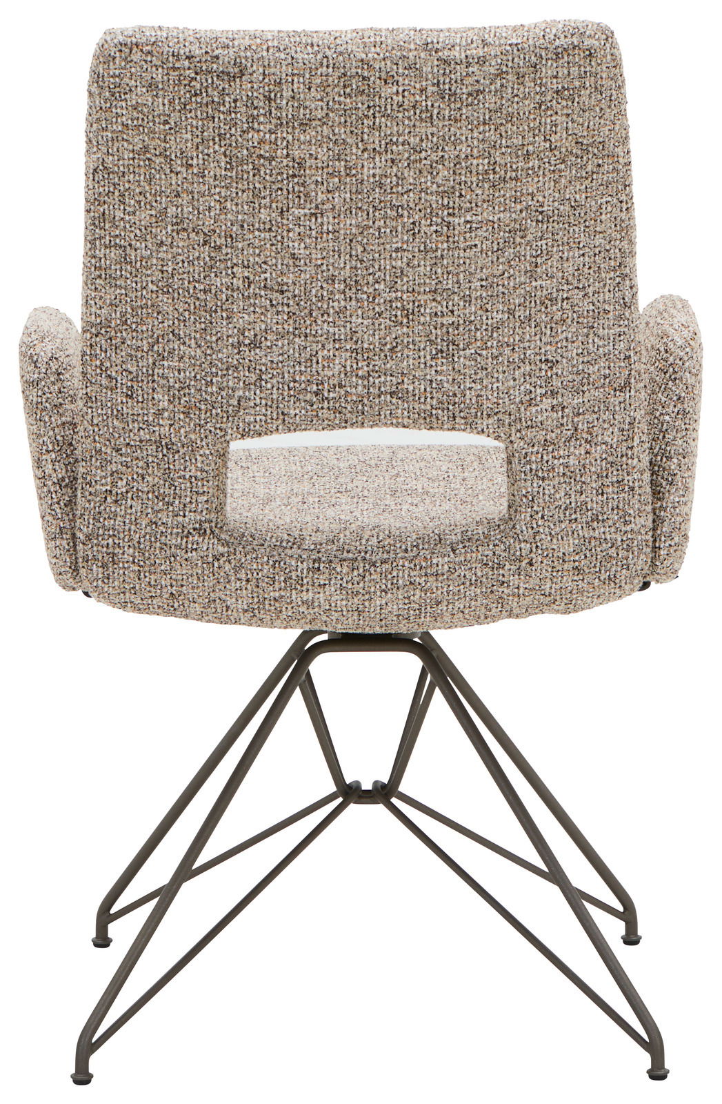 Rückansicht eines Armlehnstuhls mit gepolstertem Stoffbezug und Metallgestell.