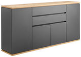 Modernes Sideboard mit grauer Front und Holzoberfläche, seitliche Perspektive