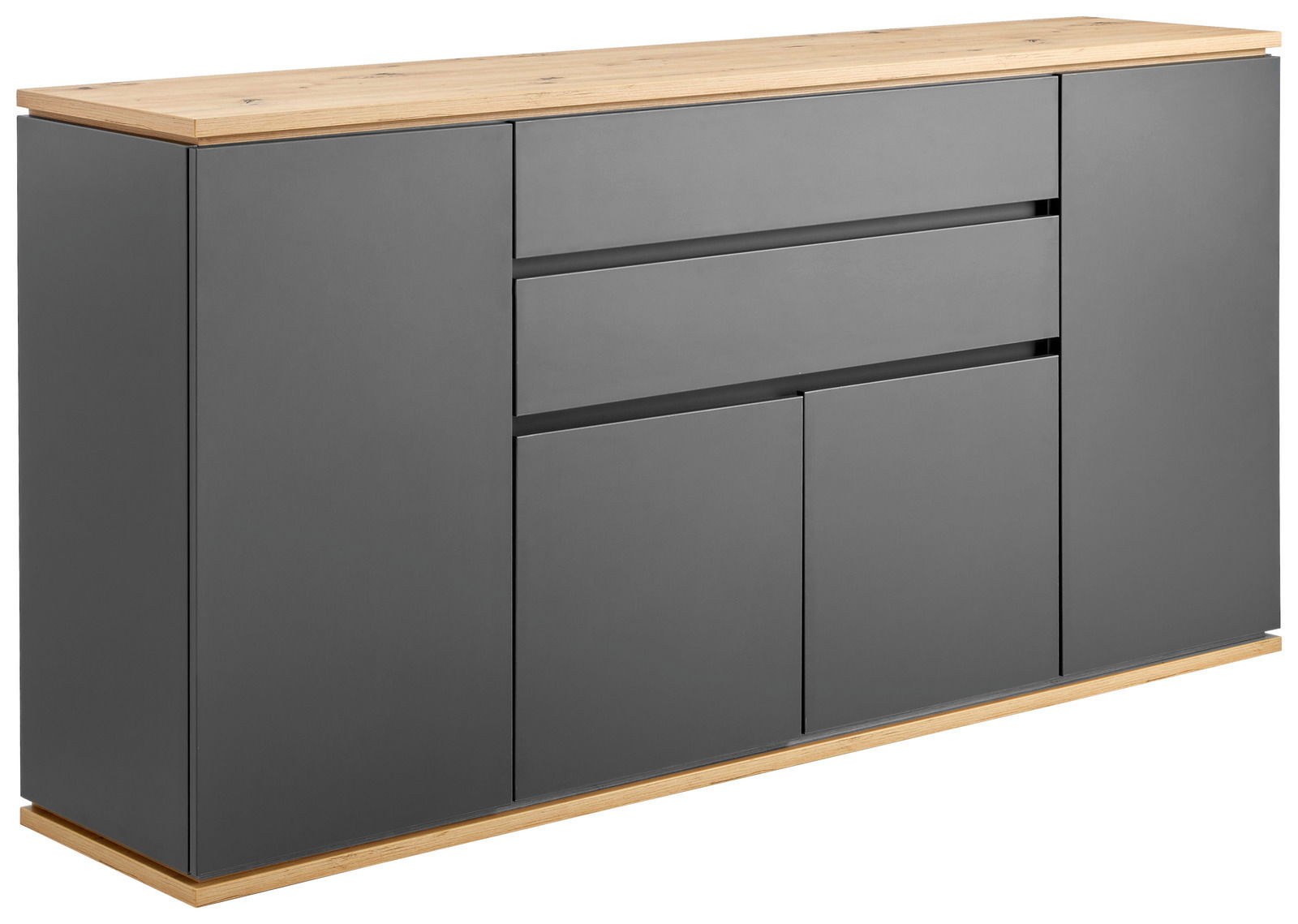 Modernes Sideboard mit grauer Front und Holzoberfläche, seitliche Perspektive