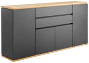 Modernes Sideboard mit grauer Front und Holzoberfläche, seitliche Perspektive