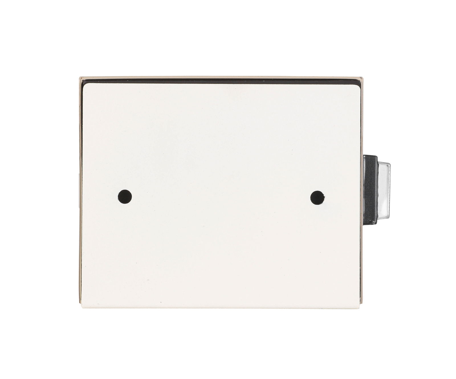 Frontansicht einer rechteckigen, weißen Akku-Wandleuchte mit zwei sichtbaren Befestigungslöchern.