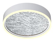 Runde Deckenleuchte Bordeaux mit strukturiertem Glas und seitlicher Lichtabstrahlung, Ansicht von unten.