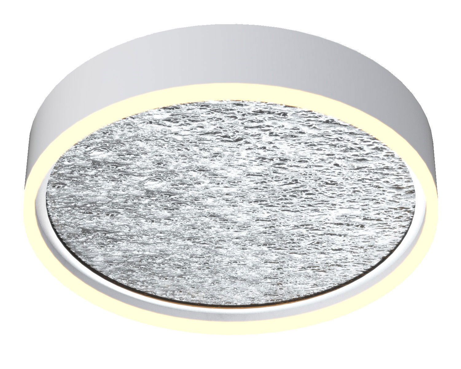 Runde Deckenleuchte Bordeaux mit strukturiertem Glas und seitlicher Lichtabstrahlung, Ansicht von unten.