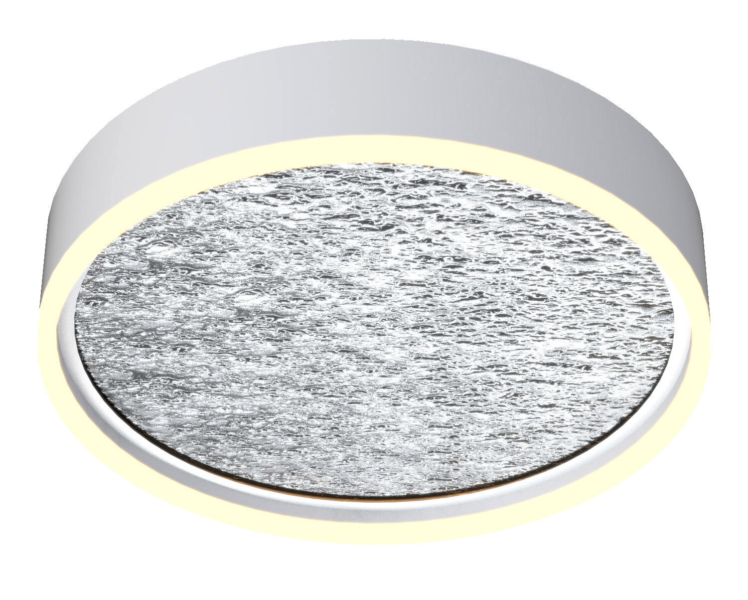 Runde Deckenleuchte Bordeaux mit strukturiertem Glas und seitlicher Lichtabstrahlung, Ansicht von unten.