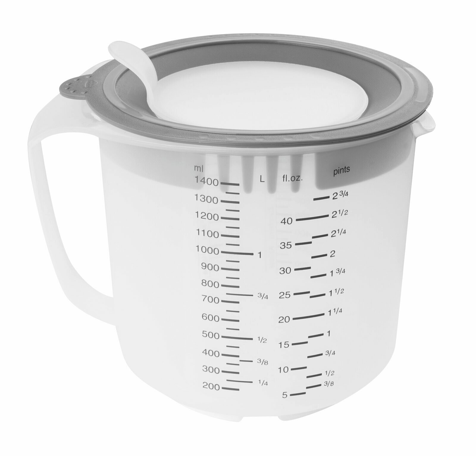 Dr. Oetker Messbecher 1,4l Messbecher 1,4L mit Skala in Millilitern, Litern, Flüssigunzen und Pints, seitliche Perspektive