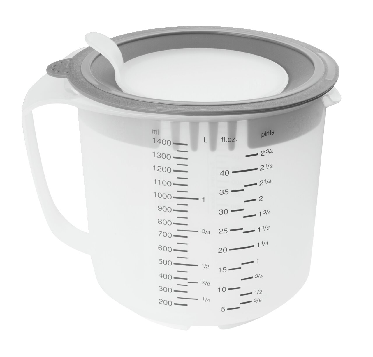 Dr. Oetker Messbecher 1,4l Messbecher 1,4L mit Skala in Millilitern, Litern, Flüssigunzen und Pints, seitliche Perspektive