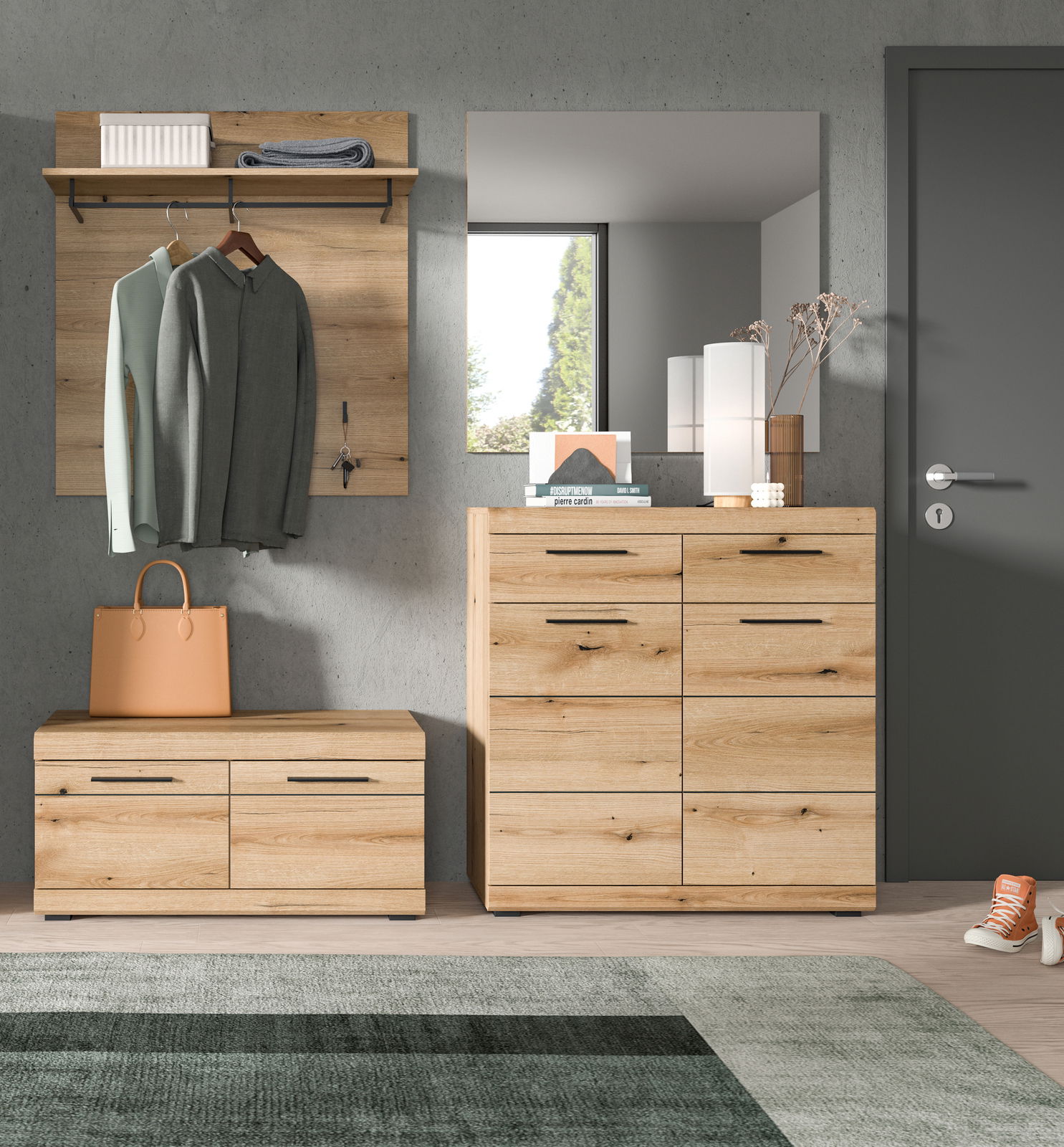 Garderoben-Set aus Holz mit Wandpaneel, Spiegel, Kommode und Sitzbank, frontal betrachtet.