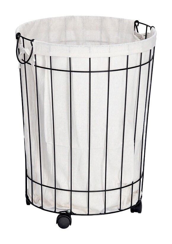 Wäschesammler mit Rollen aus Metall und Stoff, seitliche Perspektive