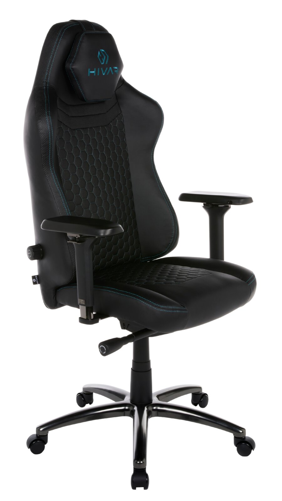 HIVAR Gaming Stuhl ORBICAL Schwarzer Gaming-Stuhl mit blauen Nähten und ergonomischem Design, seitliche Perspektive