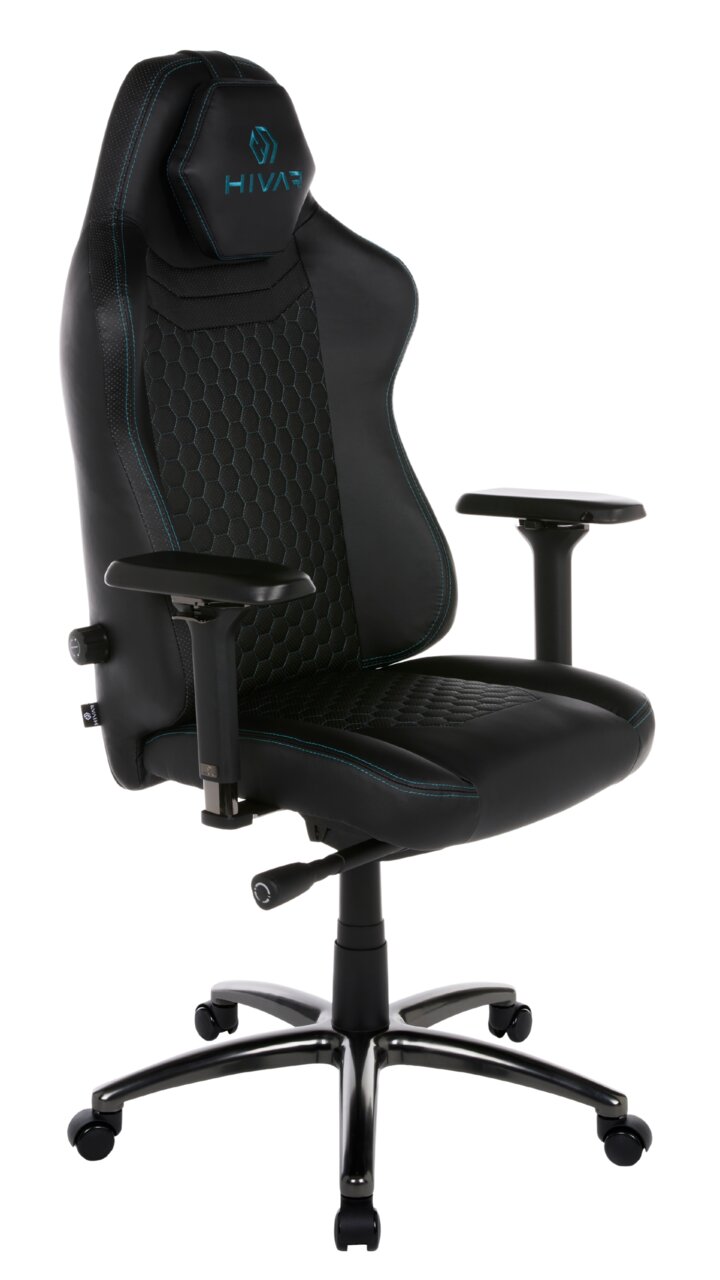 Schwarzer Gaming-Stuhl mit blauen Nähten und ergonomischem Design, seitliche Perspektive