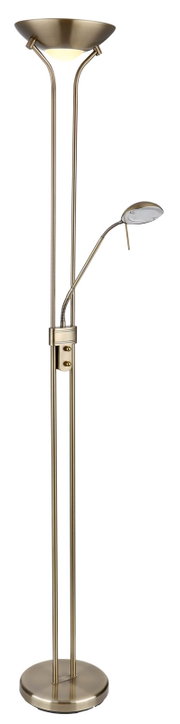 Stehleuchte mit zwei Lichtquellen, eine nach oben gerichtete Hauptleuchte und eine flexible Leselampe, in gebürstetem Metall, seitliche Ansicht.