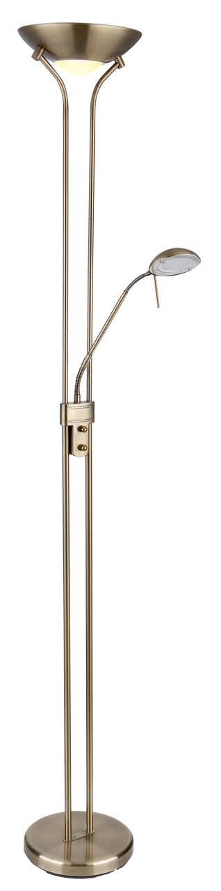 Stehleuchte mit zwei Lichtquellen, eine nach oben gerichtete Hauptleuchte und eine flexible Leselampe, in gebürstetem Metall, seitliche Ansicht.
