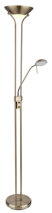 Stehleuchte mit zwei Lichtquellen, eine nach oben gerichtete Hauptleuchte und eine flexible Leselampe, in gebürstetem Metall, seitliche Ansicht.