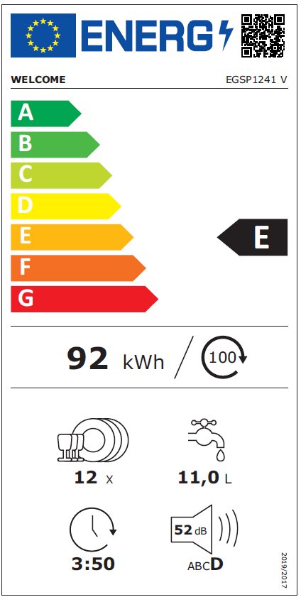 Energieeffizienzlabel der Klasse E für ein Küchengerät, mit einem Verbrauch von 92 kWh pro 100 Zyklen, Wasserverbrauch von 11,0 Litern pro Zyklus, 12 Maßgedecke, Betriebsgeräusch von 52 dB, und einer Laufzeit von 3 Stunden und 50 Minuten. Frontalansicht.