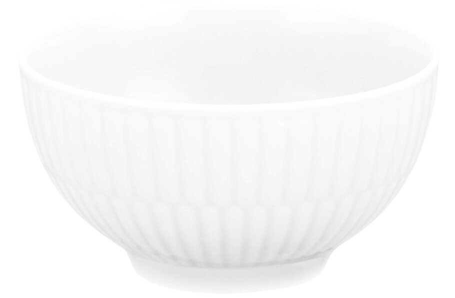 Weiße Dipschale aus Porzellan mit geriffeltem Design, seitliche Perspektive