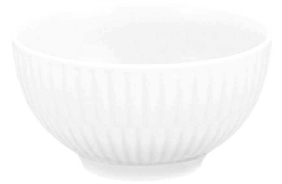 Weiße Dipschale aus Porzellan mit geriffeltem Design, seitliche Perspektive