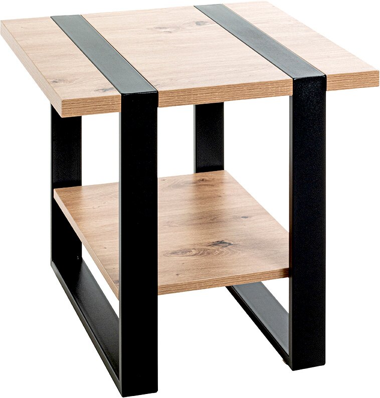 Moderner Beistelltisch aus Holz mit schwarzem Metallgestell und Ablagefach, schräg von vorne oben fotografiert