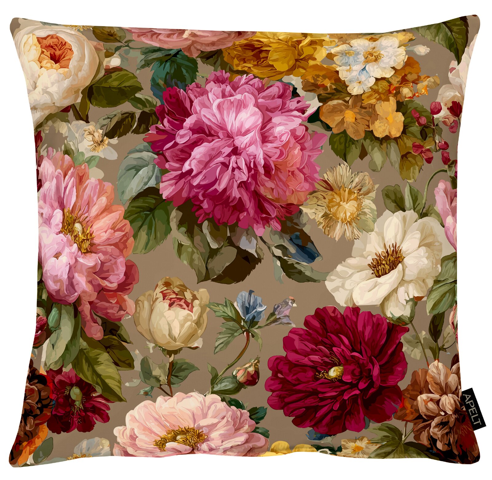 Dekoratives quadratisches Kissen mit üppigem floralem Vintage-Muster in Rosa, Rot, Creme, Gelb und Grün auf taupefarbenem Grund, frontal dargestellt