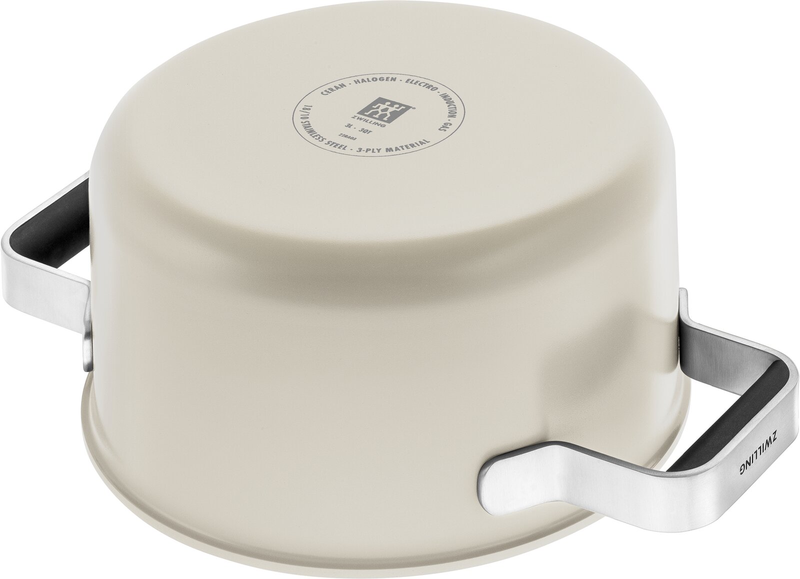 Topf von unten mit Edelstahlgriffen, Perspektive von unten