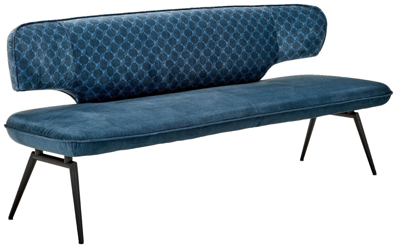 Elegante Polsterbank in Petrolblau mit gemusterter Rückenlehne und schlanken schwarzen Metallbeinen, aus schräger Vorderansicht gezeigt