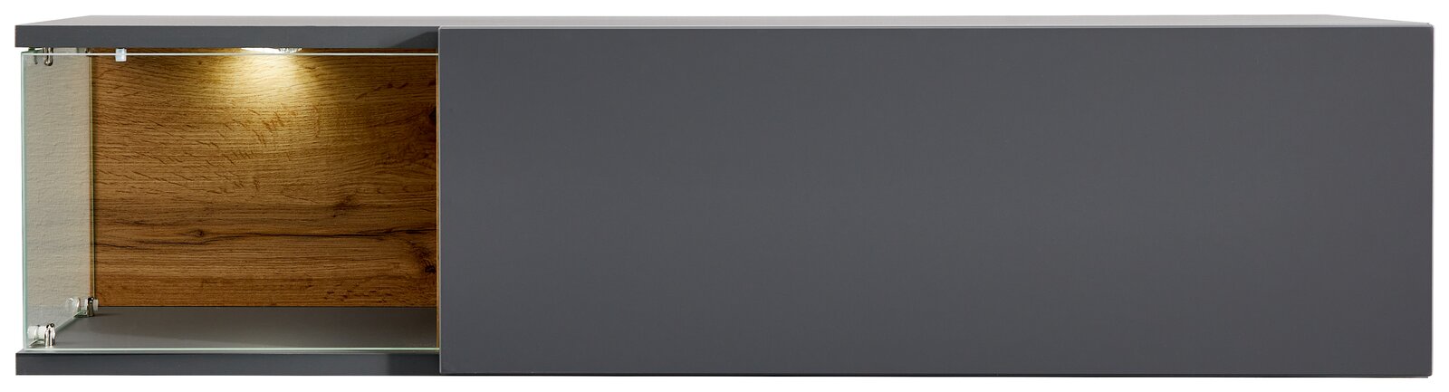 TV-Lowboard-Kombination in moderner grauer Optik mit Holzdekor und integrierter Beleuchtung, Frontansicht