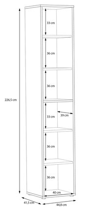 Schmales Regal mit sechs Fächern, Seitenansicht, Höhe 226,5 cm, Breite 44,8 cm, Tiefe 41,5 cm.