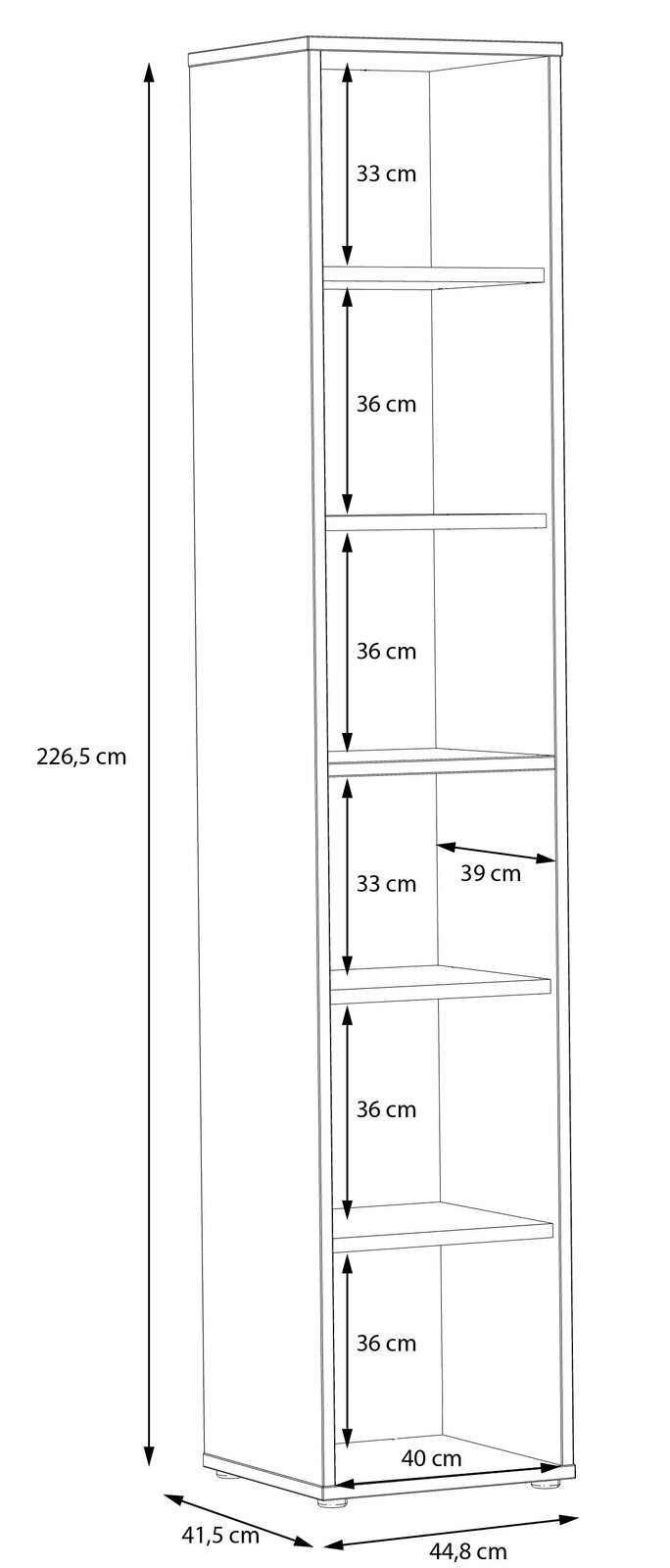 Schmales Regal mit sechs Fächern, Seitenansicht, Höhe 226,5 cm, Breite 44,8 cm, Tiefe 41,5 cm.