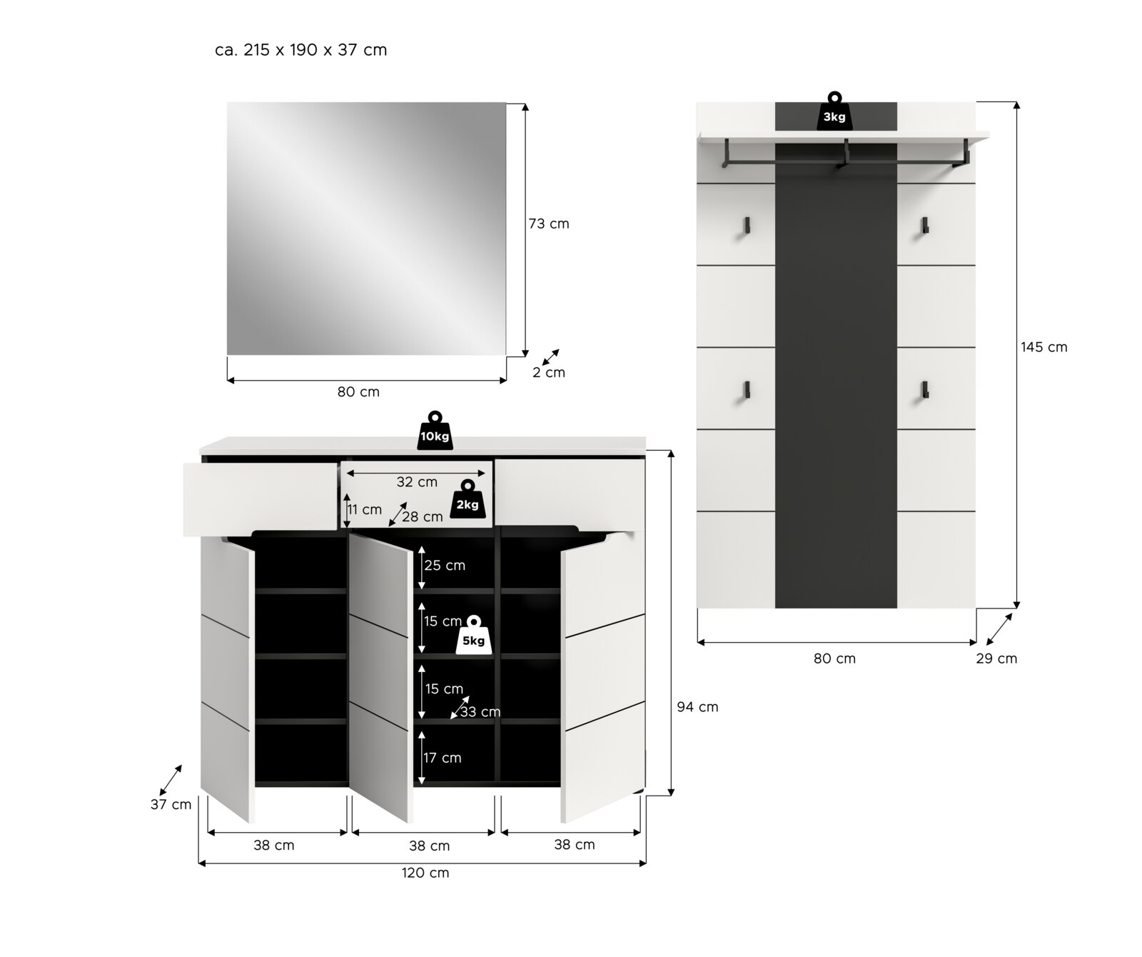 Weiße Garderoben-Kombination mit Spiegel und Schuhschrank, Maßgrafik in Frontansicht (Spiegel und Paneel) sowie Ansicht mit geöffneten Türen; Maße u.a. Spiegel ca. 80 x 73 x 2 cm, Schuhschrank ca. 120 x 94 x 37 cm und Garderobenpaneel ca. 80 x 145 x 29 cm