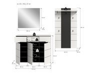 Weiße Garderoben-Kombination mit Spiegel und Schuhschrank, Maßgrafik in Frontansicht (Spiegel und Paneel) sowie Ansicht mit geöffneten Türen; Maße u.a. Spiegel ca. 80 x 73 x 2 cm, Schuhschrank ca. 120 x 94 x 37 cm und Garderobenpaneel ca. 80 x 145 x 29 cm
