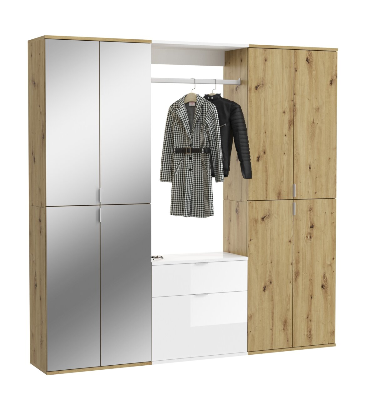 MID.YOU Garderobecombinatie PROJEKT X Garderobenkombination mit Holz- und Spiegelfronten, bestehend aus zwei hohen Schränken, einer Kleiderstange und einer weißen Kommode, frontal betrachtet.