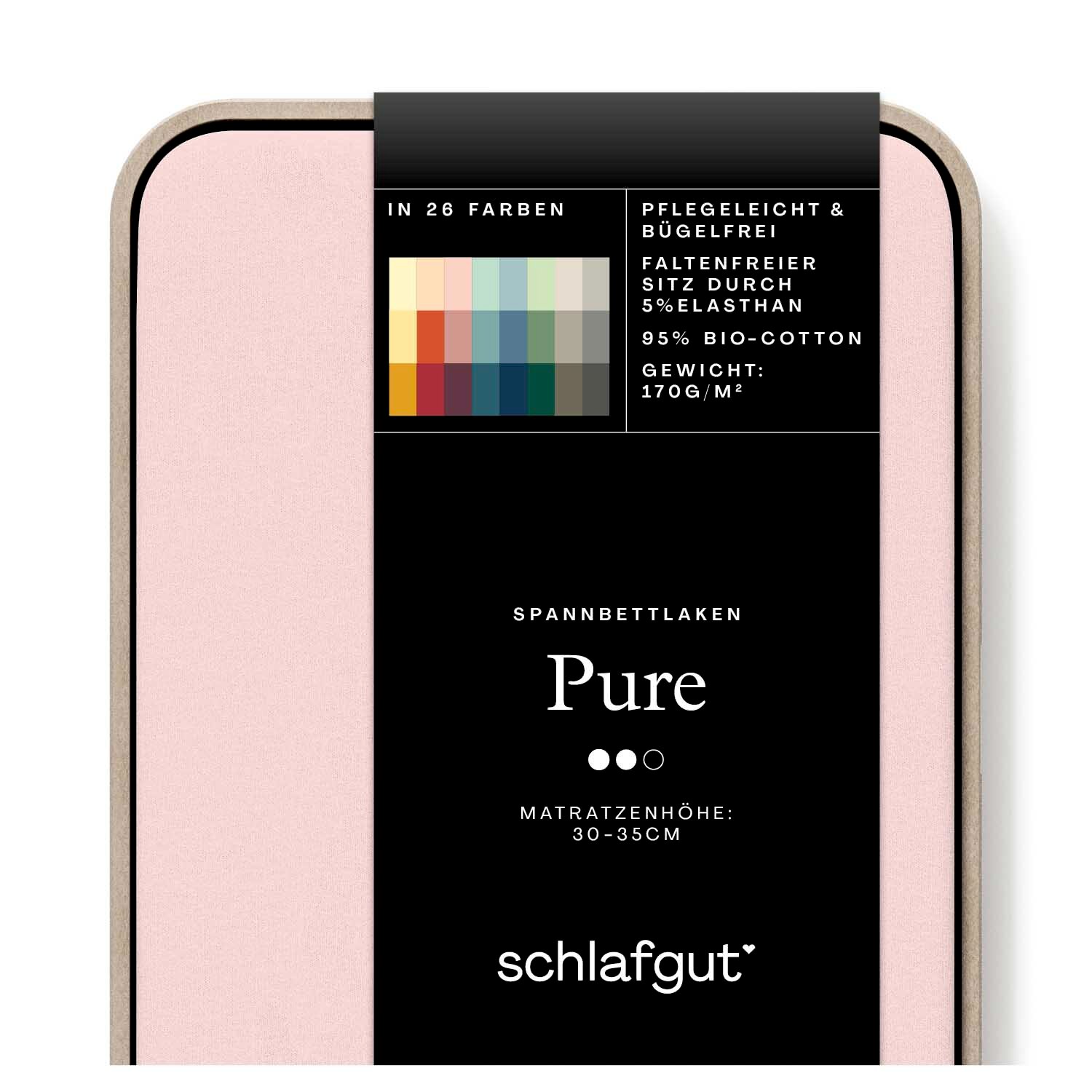 Spannbettlaken Pure in Rosa, Verpackungsvorderseite, geeignet für Matratzenhöhe 30-35 cm, pflegeleicht und bügelfrei, 95% Bio-Baumwolle, 5% Elasthan, Gewicht 170g/m², erhältlich in 26 Farben.