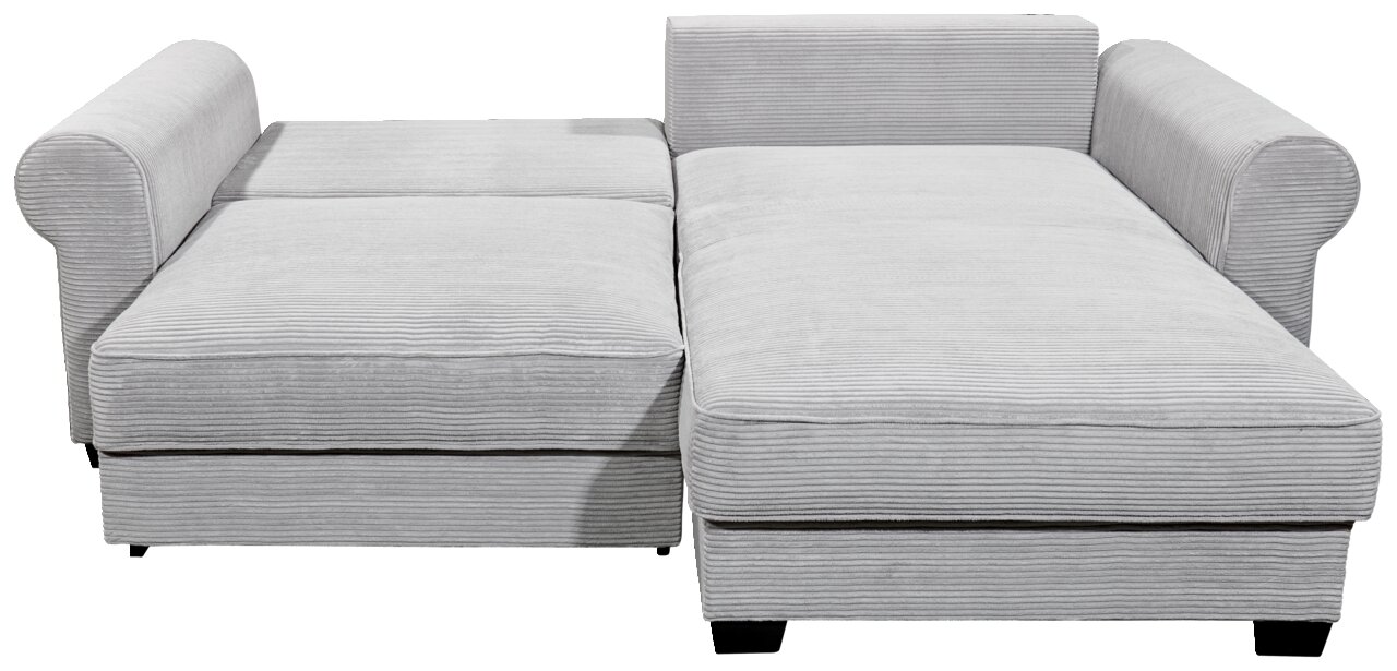 Graues Ecksofa mit geripptem Stoffbezug, Ansicht von vorne.