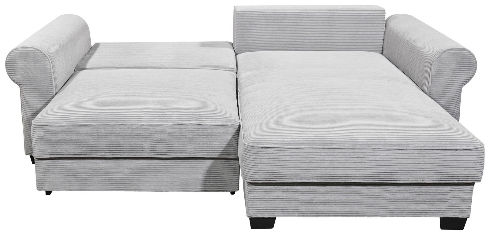 Graues Ecksofa mit geripptem Stoffbezug, Ansicht von vorne.