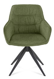 Grüner Armlehnstuhl mit gepolsterter Sitzfläche und schwarzem Metallgestell, Frontalansicht