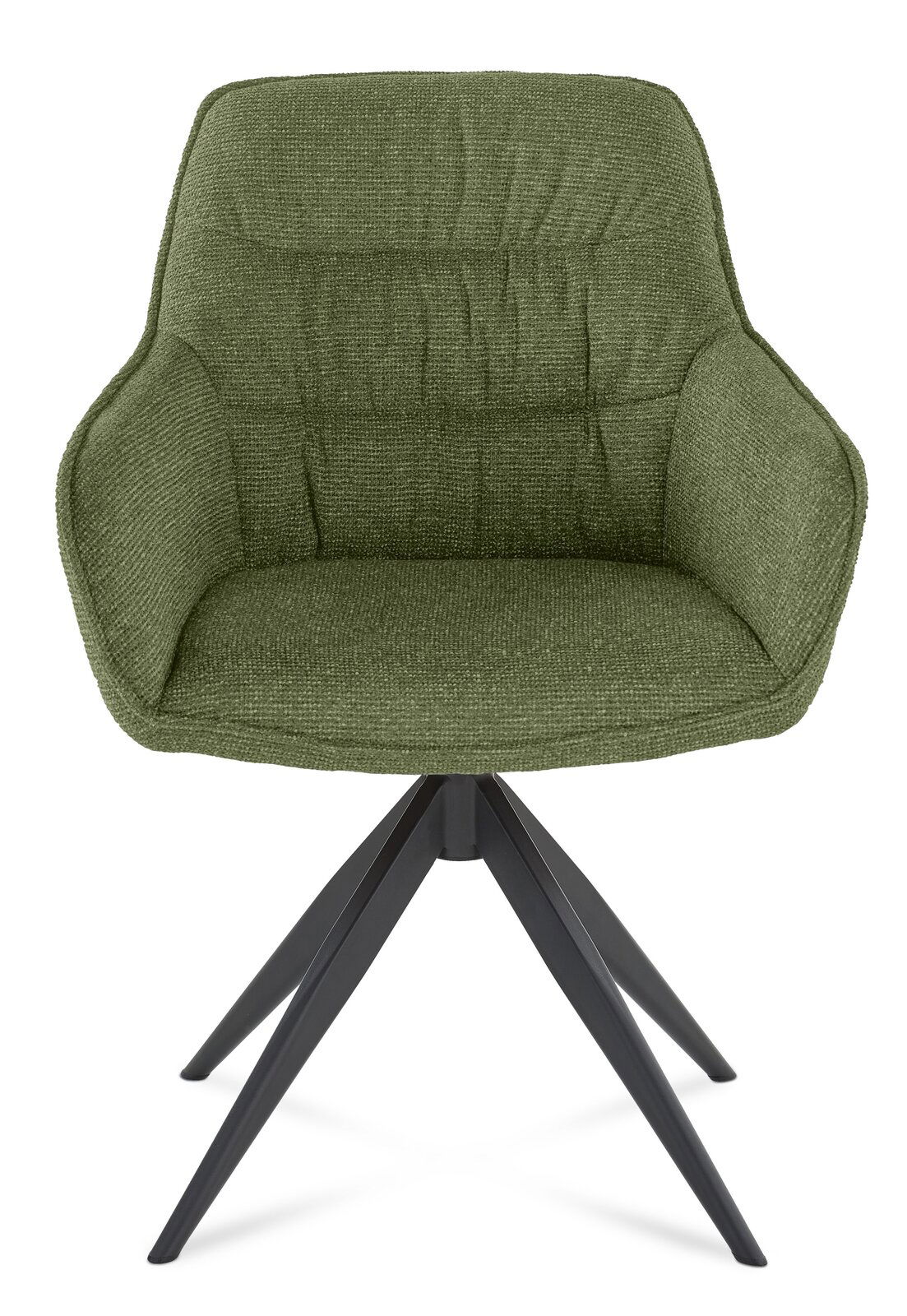 Grüner Armlehnstuhl mit gepolsterter Sitzfläche und schwarzem Metallgestell, Frontalansicht