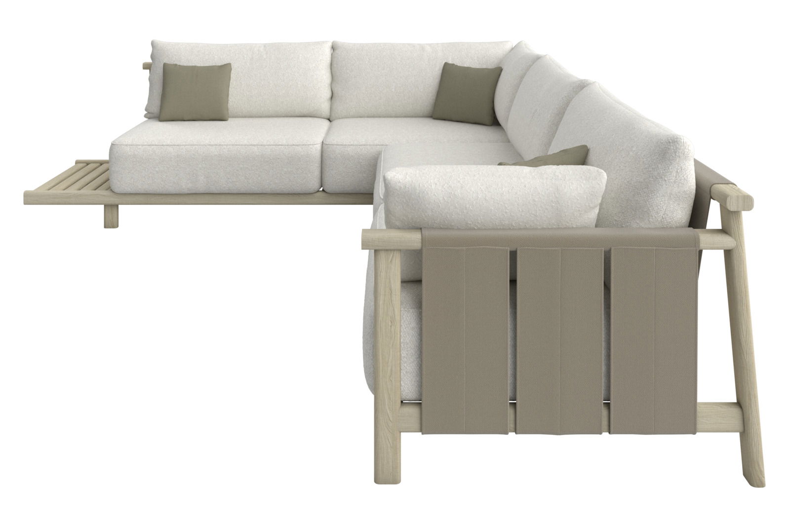 Loungeeckgarnitur aus hellem Holz und beigen Polstern, seitliche Perspektive