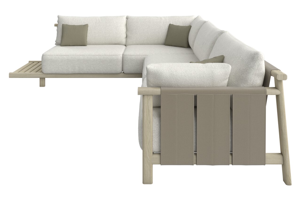 Loungeeckgarnitur aus hellem Holz und beigen Polstern, seitliche Perspektive